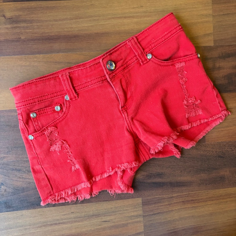 Y2k Red Distressed Denim Shorts Rhinestone Studded Raw Hem Festival Kesha Summer